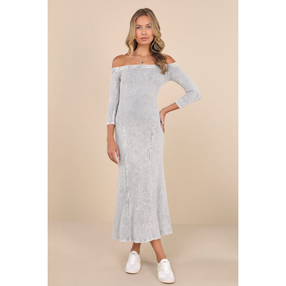 Lulus Remarkably Cool Washed Grey Ribbed Off-the-shoulder Midi Dress - Size XS